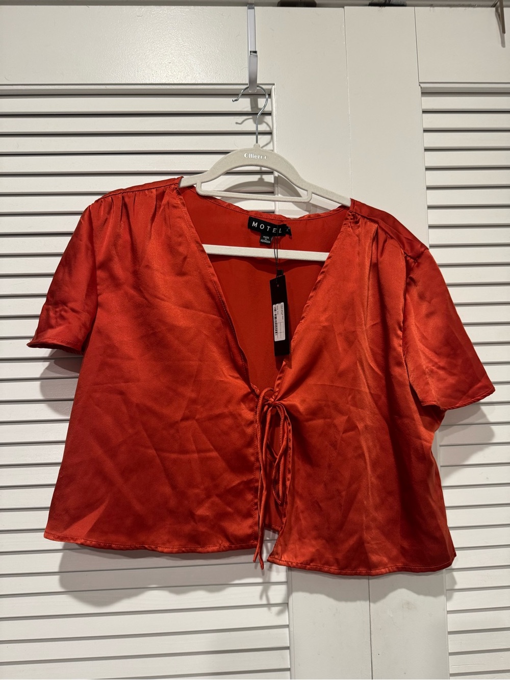 Motel Rocks Satin Red Tie-Front Crop Blouse